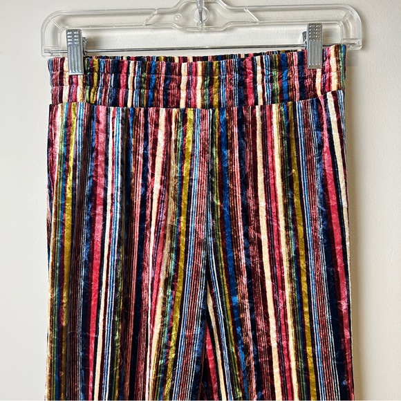 Multicolor Jewel Toned Stripes Crushed Velvet Pants with Elastic Waistband Small - Picture 4 of 10